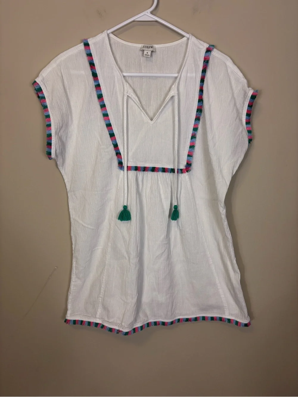 J. Crew White Gauze Tassel Trim V-Neck Top with Multicolor Stripe Small
